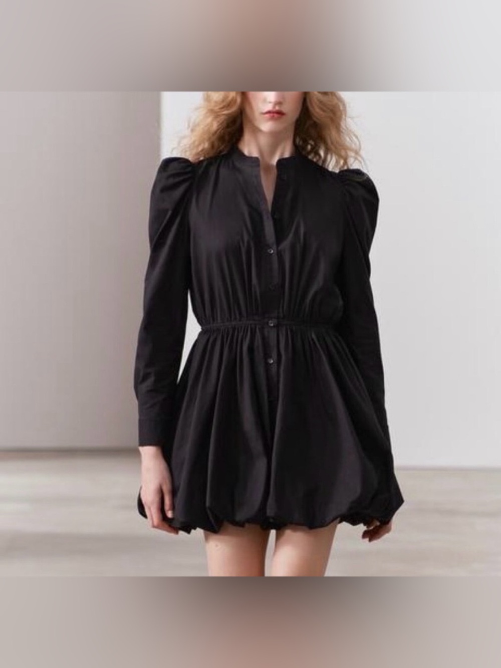 Zara Black Puff-Sleeve Button-Front Mini Dress